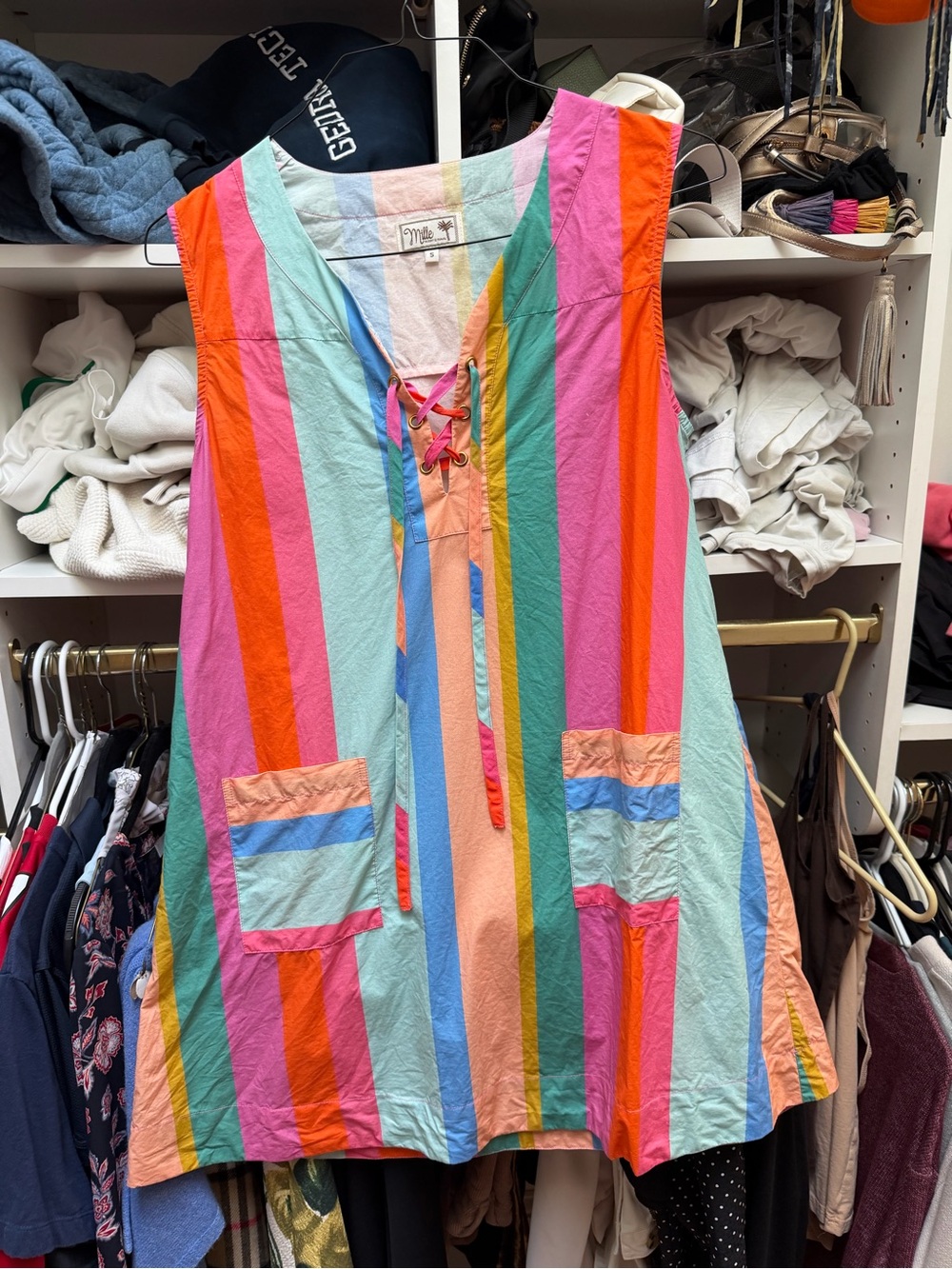 Striped Multicolor Mini Dress with Lace-Up Neck